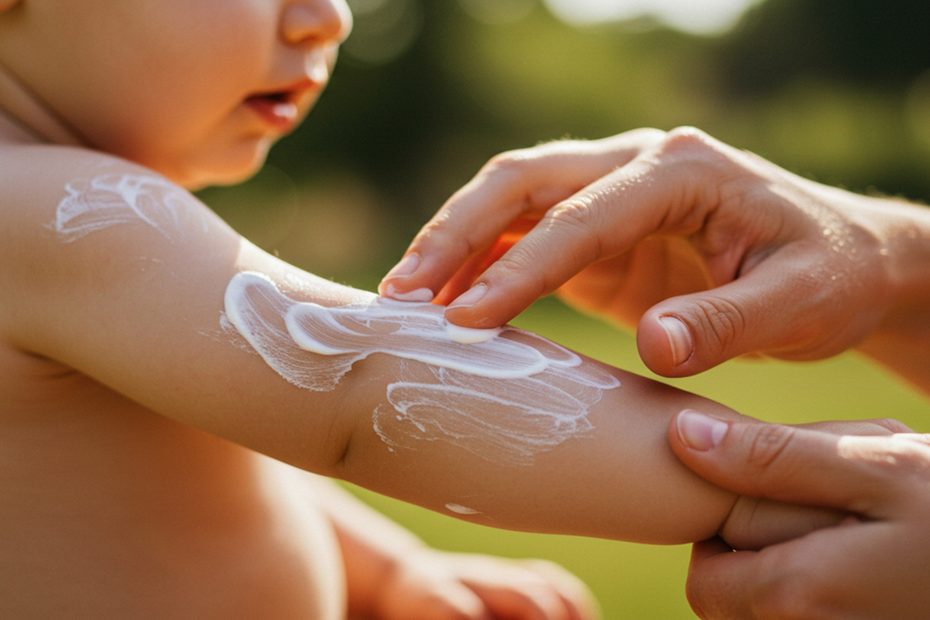 parent applying suncrean to childs arm outdoors in sunshine