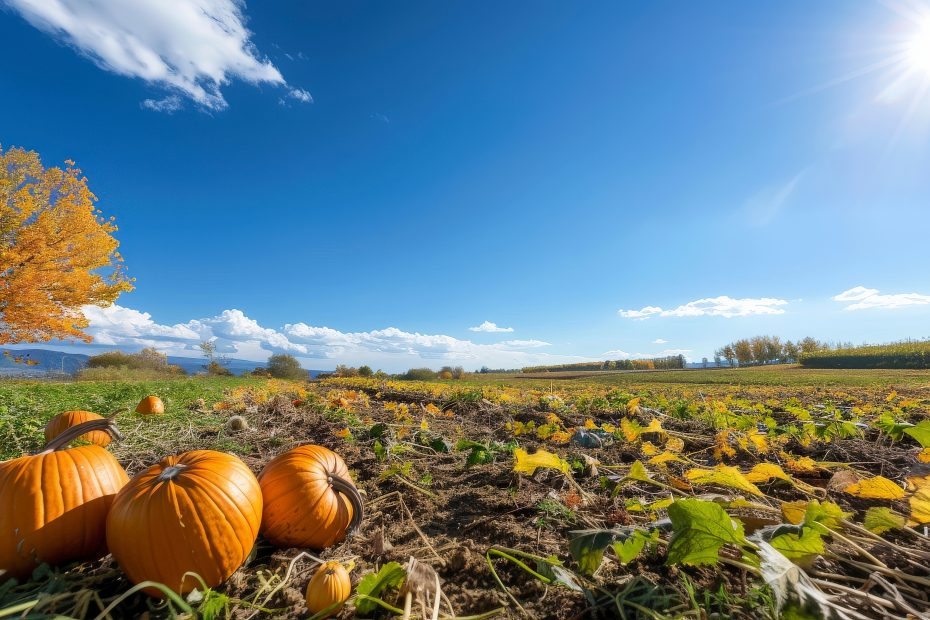 pumpkin on a field autumn scene featuring three pumpkins and fallen leaves arranged on a wooden surface